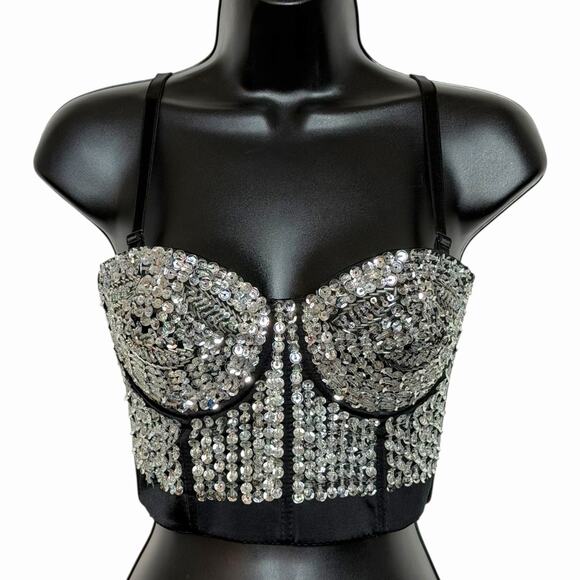 ALIVILA Y BLACK SILVER SEQUIN CORSET BUSTIER RETRO 80s 90s STYLE RETRO GLAM M - Picture 1 of 5